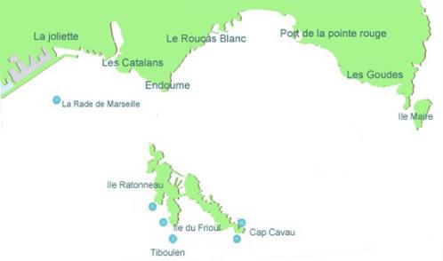Carte de plongée ile du Frioul, rade de Marseille, Provence
