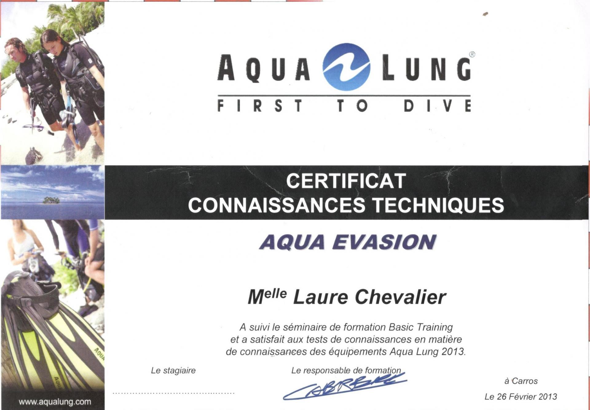 Certificat tecnique sav aqualung laure chevalier